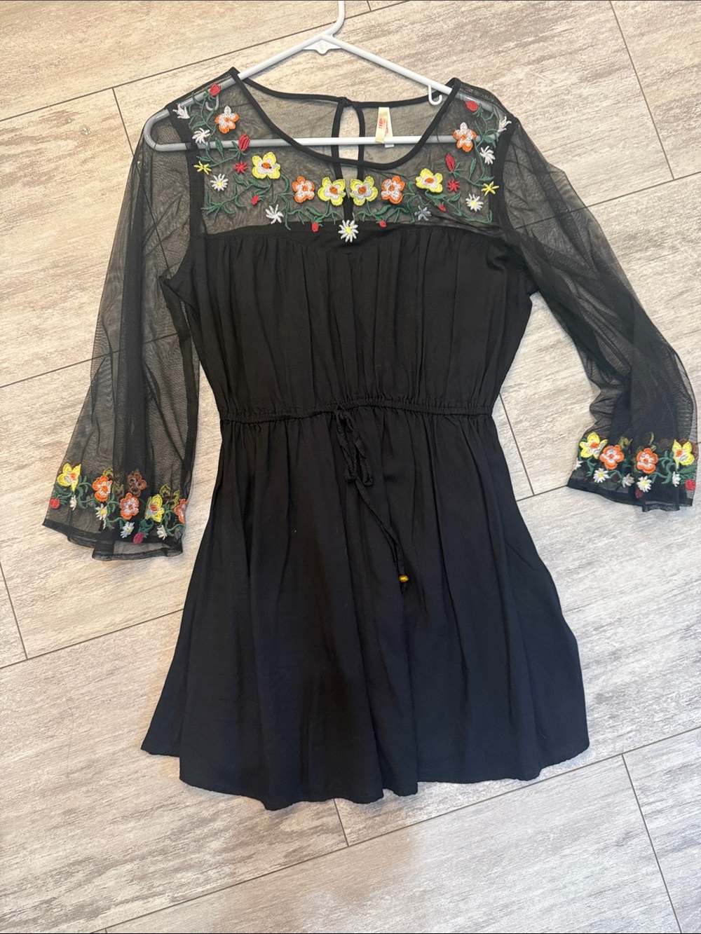 Black Floral Embroidered Mesh Yoke Dress